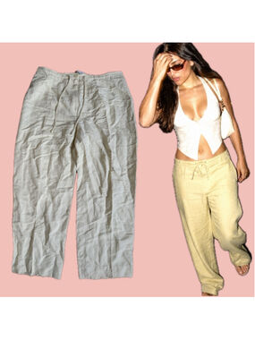 Vintage Linen Blend Wide Leg Drawstring Pants Size 14 – Cream Summer Trousers